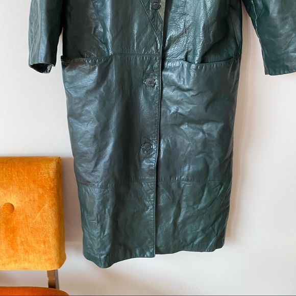 Vintage Green Genuine Leather Trench Coat with Triangle Pattern - Picture 7 of 16